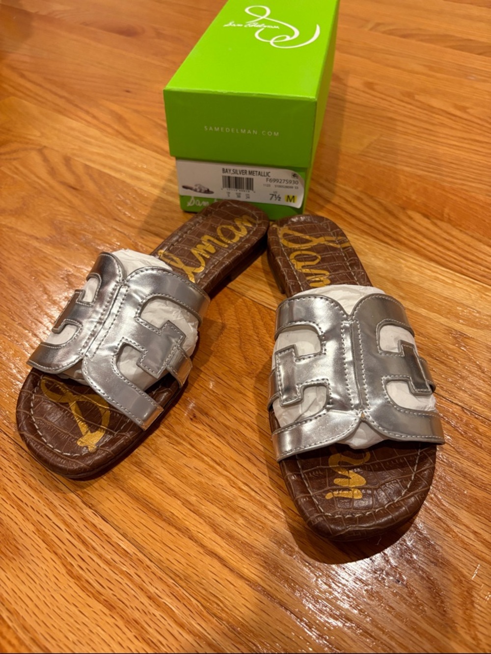 Sam Edelman Silver Metallic Logo Cutout Slide Sandals